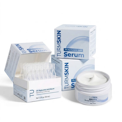 TurmSkin 3% Hyaluronic Acid Serum boxes with a jar of Barrier Recovery Cream