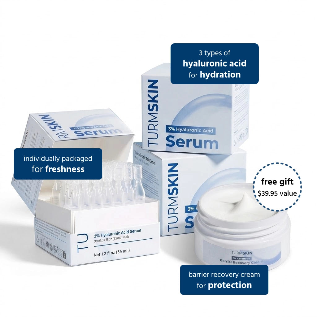 3 boxes of 4 types of 3% hyaluronic acid for hydration, individually packaged for freshness, and one barrier recovery cream for protection which is a free gift with $39.95 value